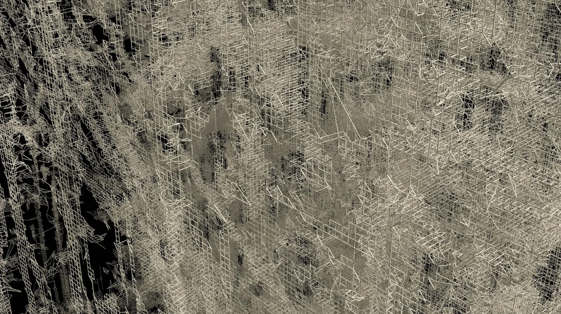 Digital wireframe visualization showing the complex internal structure of ARBOR, generated using StyleGAN2 neural network trained on wood microscopy data.